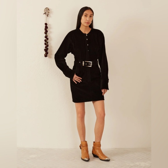 NWT Alix of Bohemia Laurent Licorice Corduroy Mini Dress Belted Black Medium - Picture 1 of 13